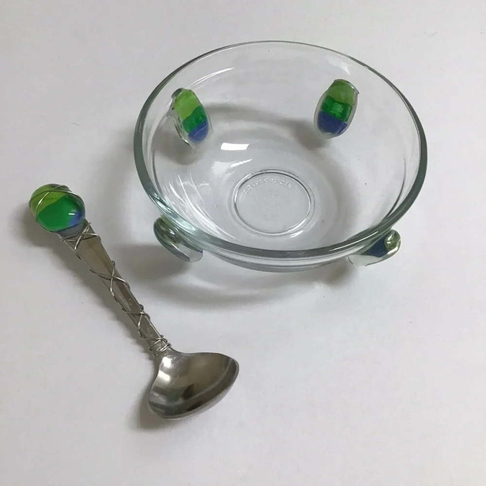 Art Glass Condiment Dish Blue Green Pebble Wire Wrapped Spoon Sea KIG Indonesia